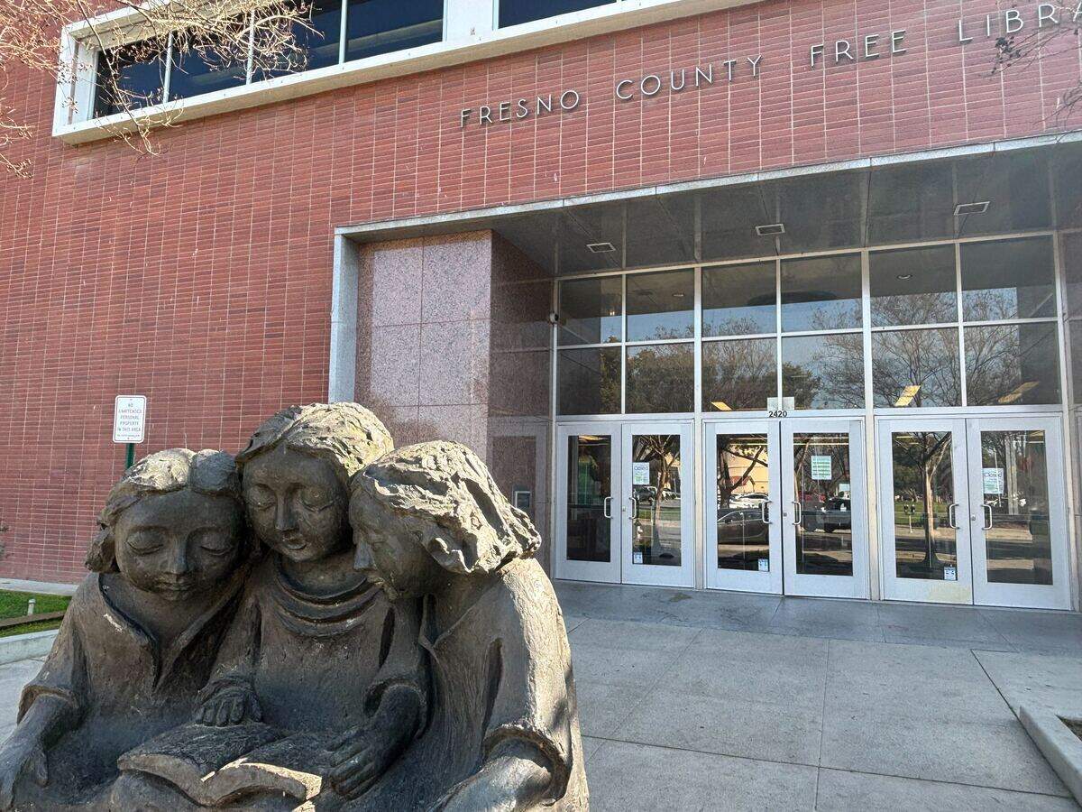The sculpture by artist Clement Renzi outside the Fresno County Central Library on Mariposa Street in downtown Fresno on Thursday, Feb. 5, 2026.